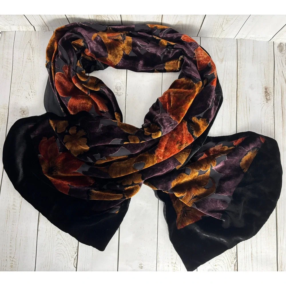Floral Burnout Velvet Scarf Purple Orange Gold Sheer Evening Wrap Long 2459